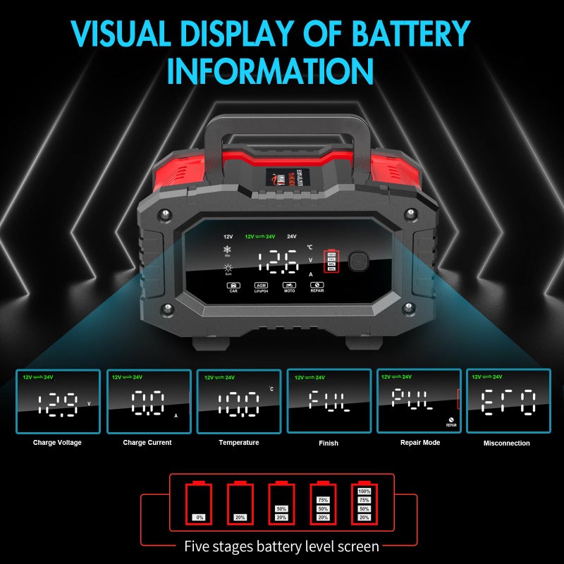 YONHAN Battery Charger 20A 12V/24V LiFePO4 Lead Acid Fully Automatic Battery Maintainer, Car Battery Trickle Charger Automotive w/Repair, Winter Mode, for AGM, STD, Gel, Deep Cycle Batteries - Image 5